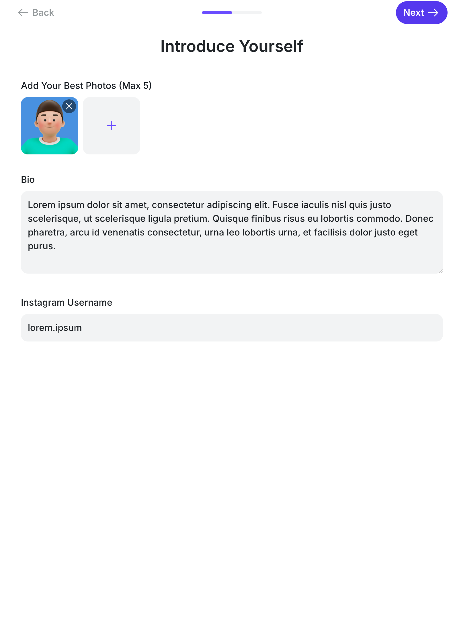 사진, 자기소개와 Instagram 사용자 이름을 입력하는 화면